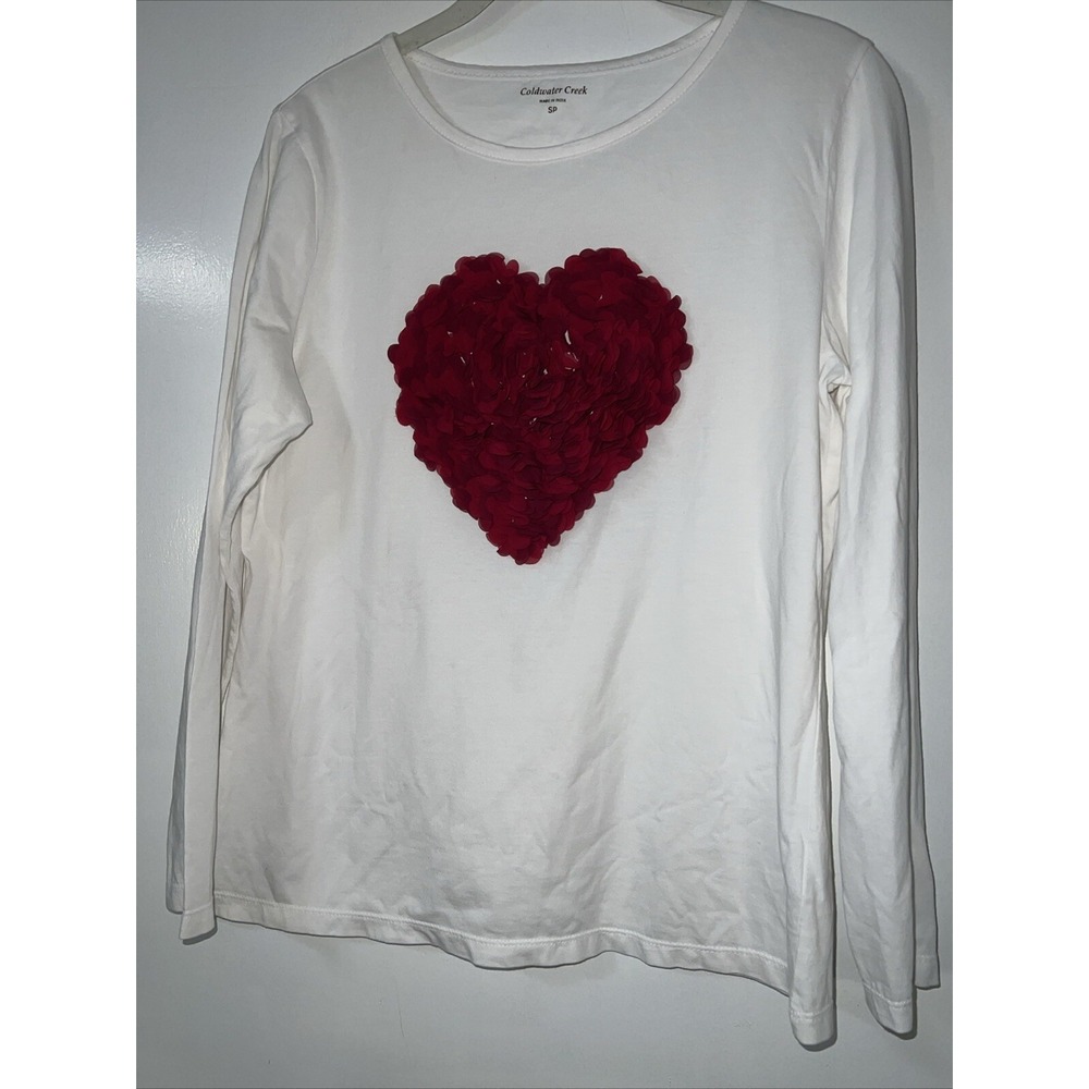 Coldwater creek White‎ Red heart T Shirt Long Sleeve sweater size SP